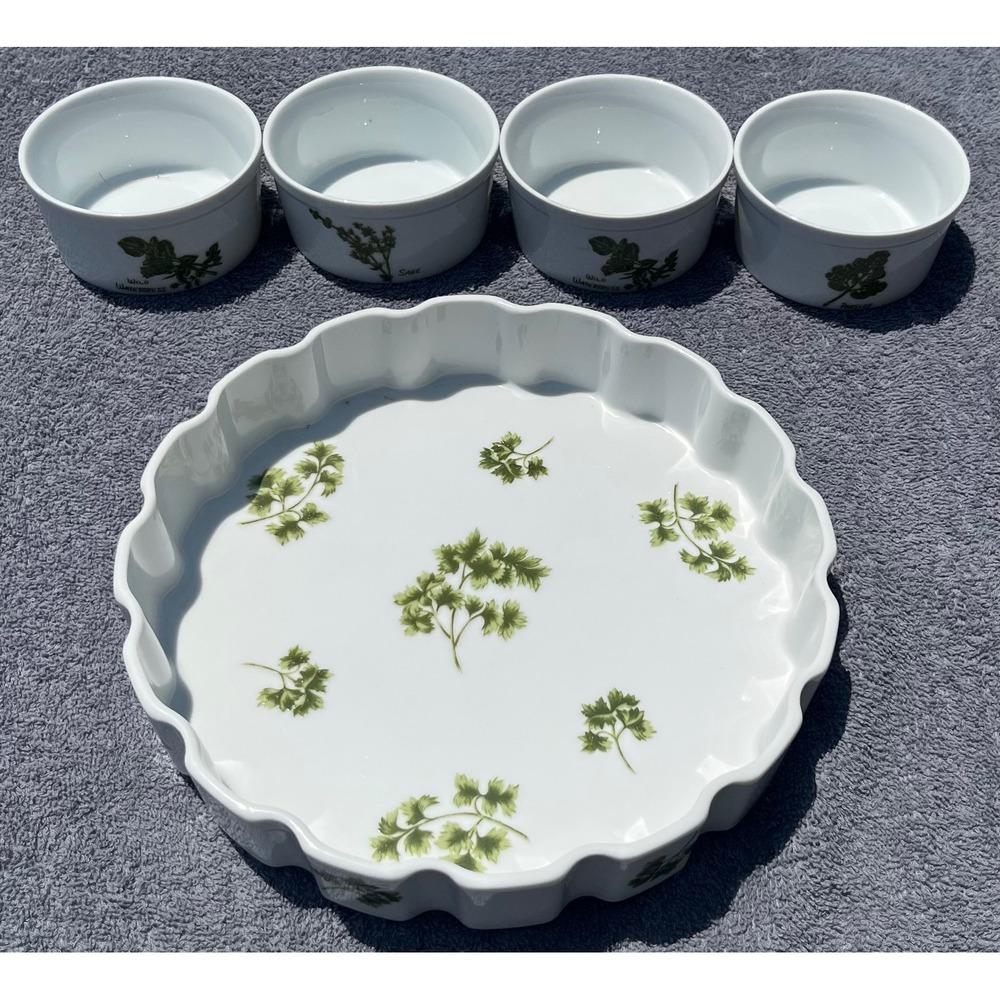 Parsley Oven to Table Cookware Baking Dish Ramekins Herb Design‎ White
